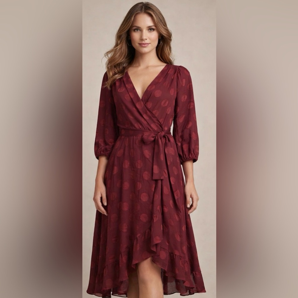 DKNY Deep Red Polka Dot Midi Dress